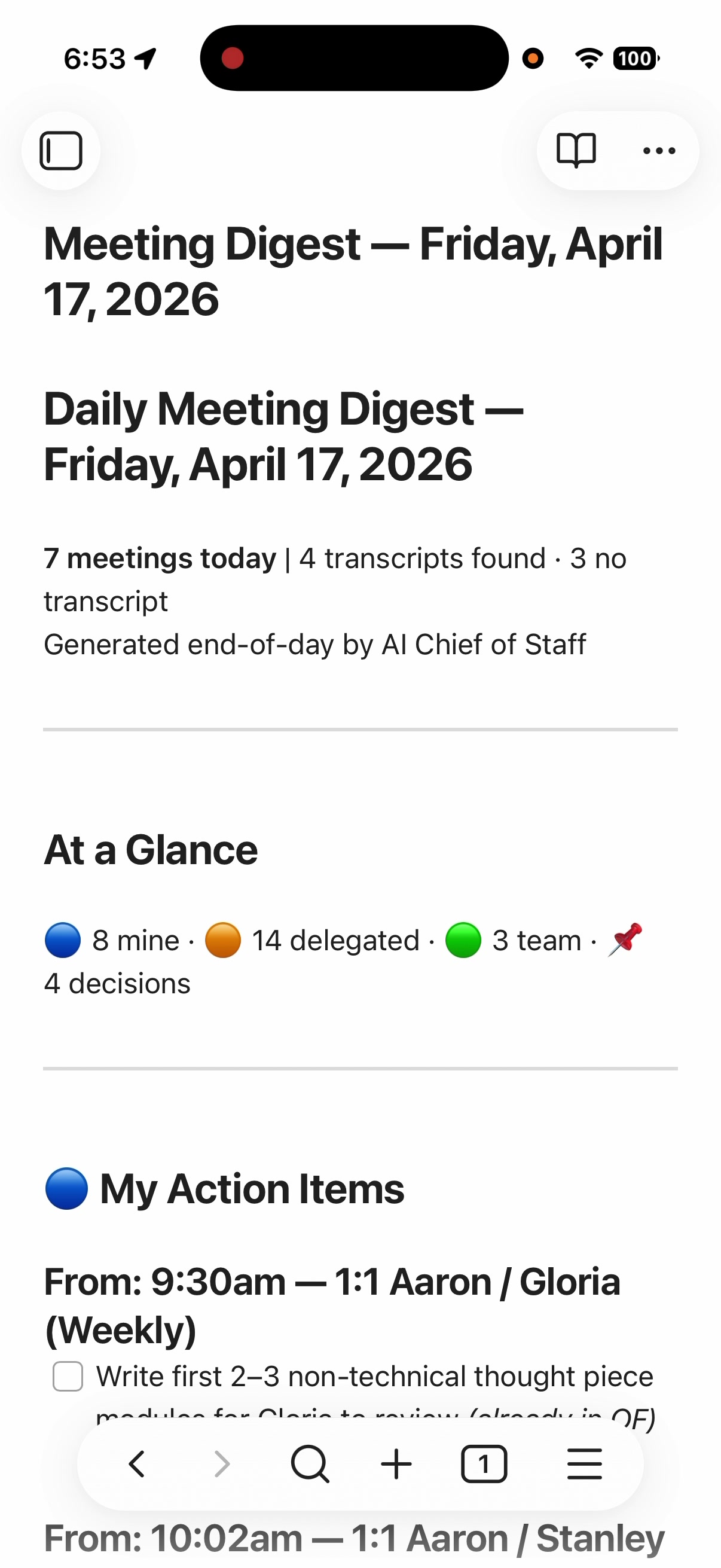 End-of-day meeting digest showing action items extracted from transcripts
