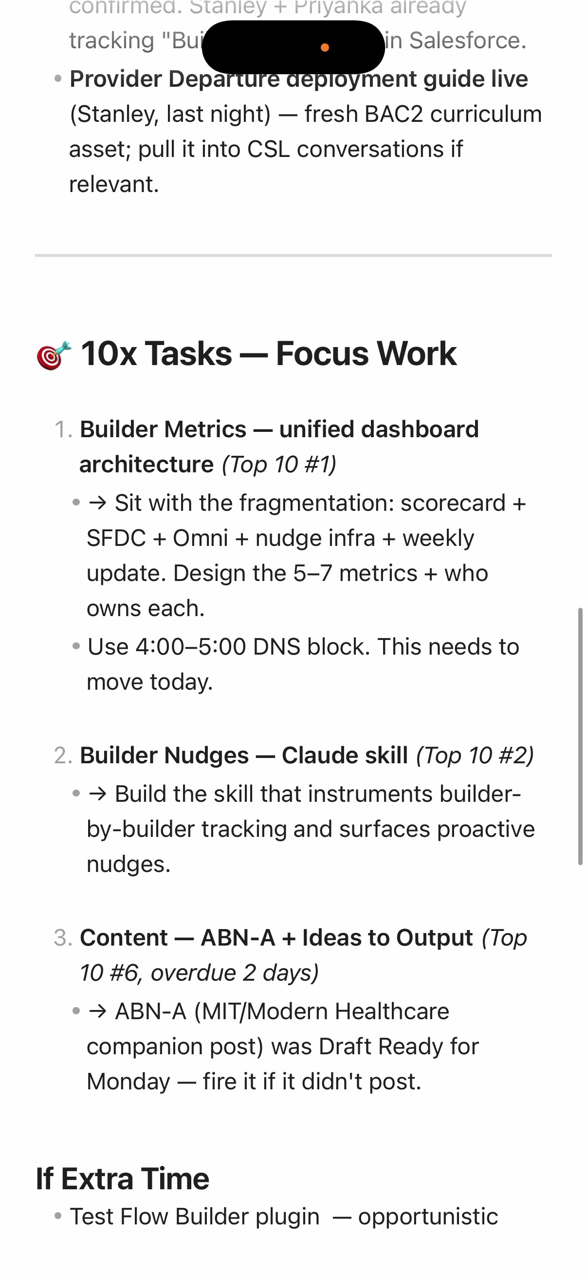 Daily briefing showing prioritized focus tasks for the day