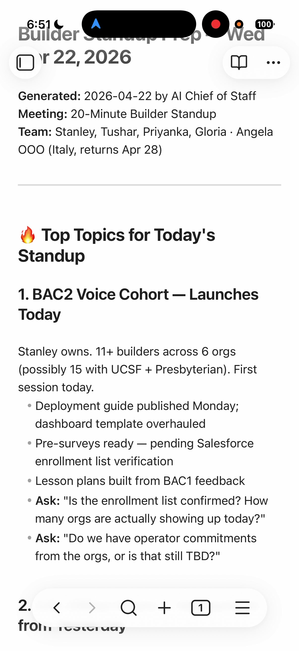 Meeting prep document with top topics and discussion questions