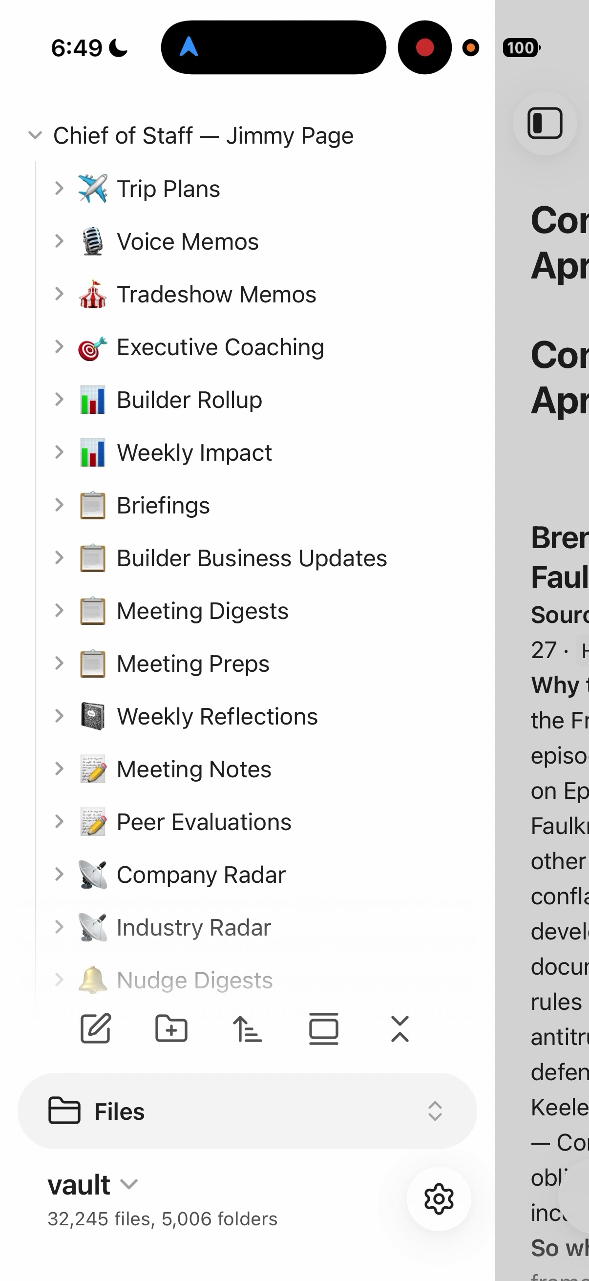 The AI Chief of Staff system sidebar showing all workflow categories